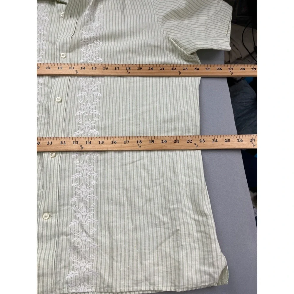 Banana Republic Mens L Guayabera‎ Shirt Green Striped Embroidered Linen Cotton